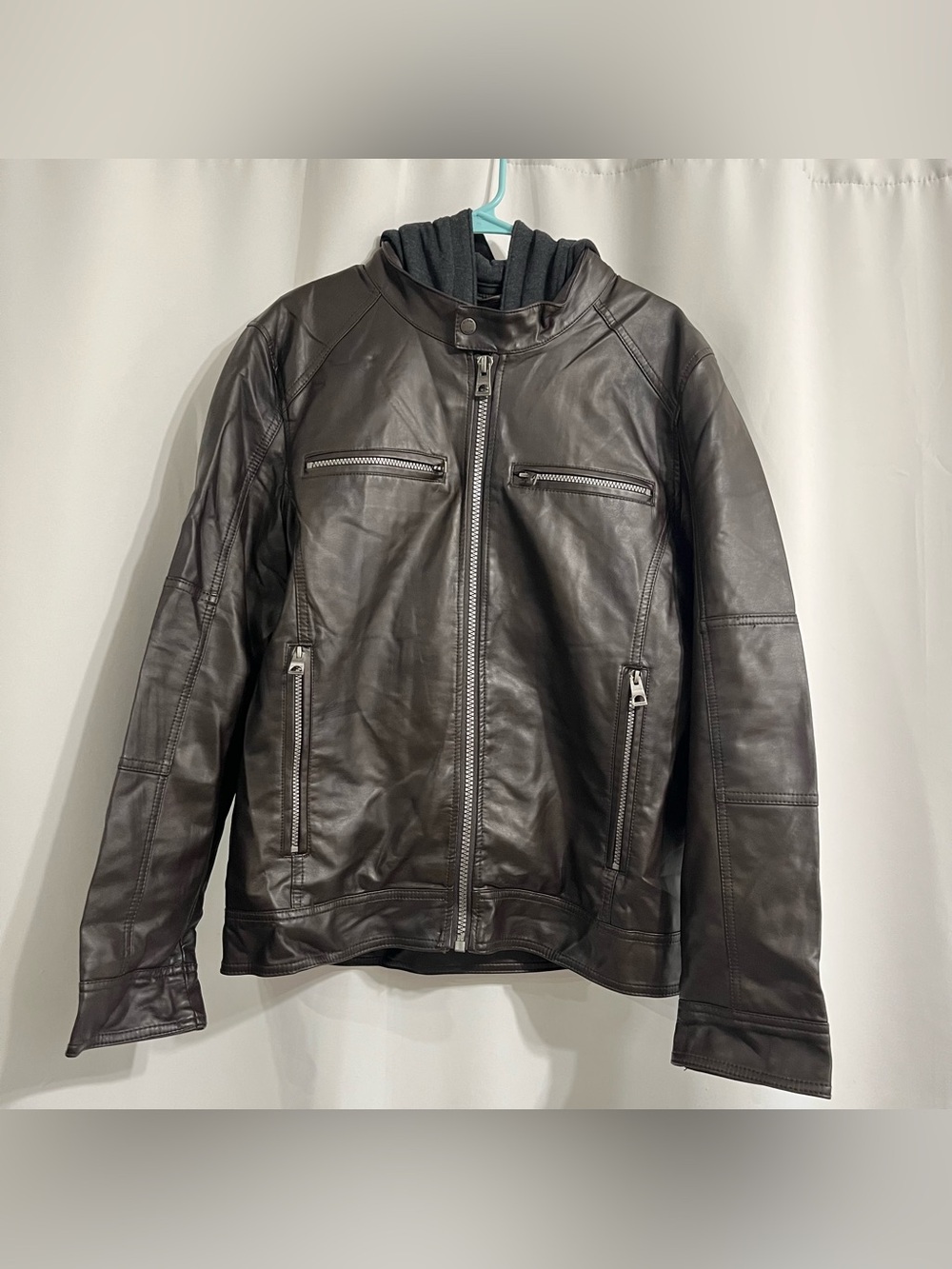 Guess Men's Faux-Leather Full-Zip Moto hooded/racer Jacket in dark brown size M